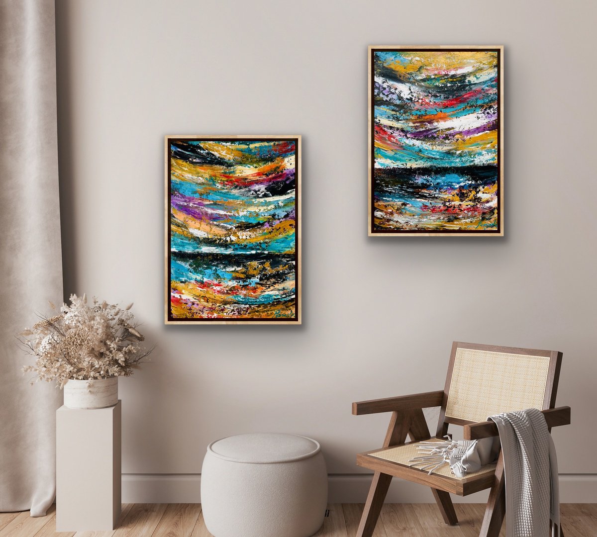 Expressive Landscape Acrylic Painting By Pooja Verma, 24 X 16", Walking In The Winters 2 - Diptych, Original Artwork