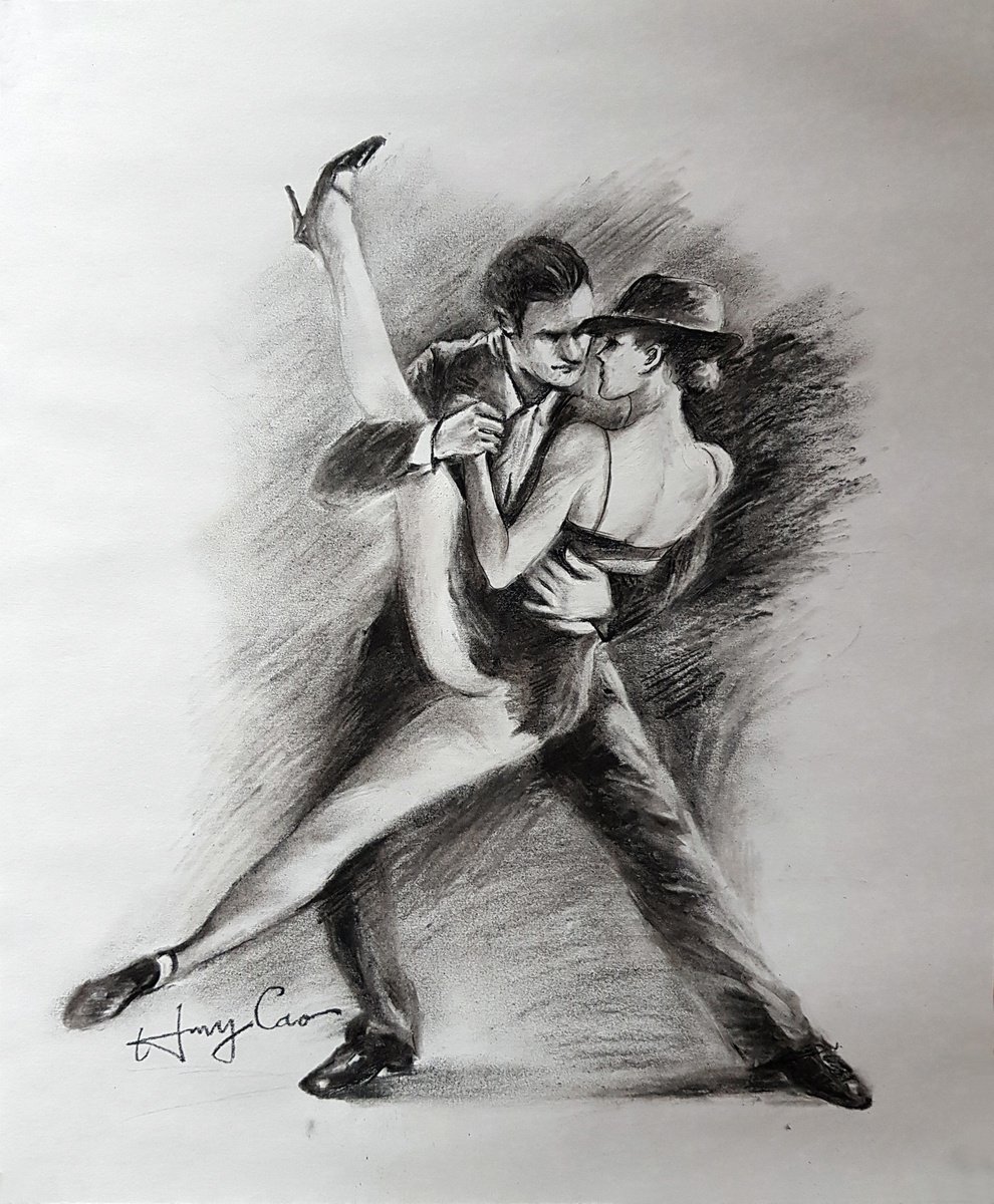 Expressive Portrait Charcoal Drawing By Henry Cao, 14 X 17, Dancing, Original Artwork