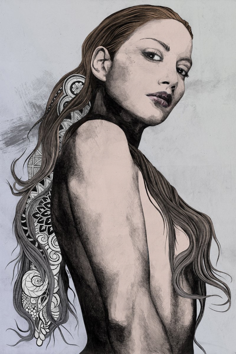 Cleansing Undertones: colored | sexy nude woman portrait | zentangle pencil drawing by Marco Paludet