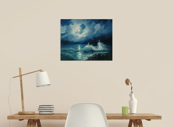 "Night sea." seascape sea night liGHt original painting  GIFT (2020)