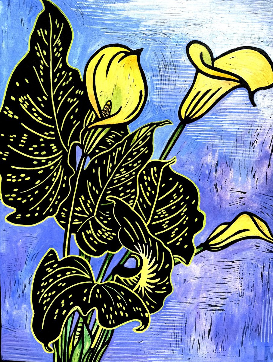 Illustrative Botanical Linocut By Laurel Macdonald, 19 X 24", Calla Lilies, Original Artwork