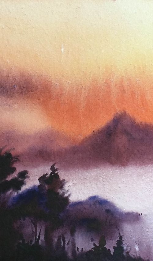 Cloudy Golden Sunrise - Watercolor Painting by Samiran Sarkar