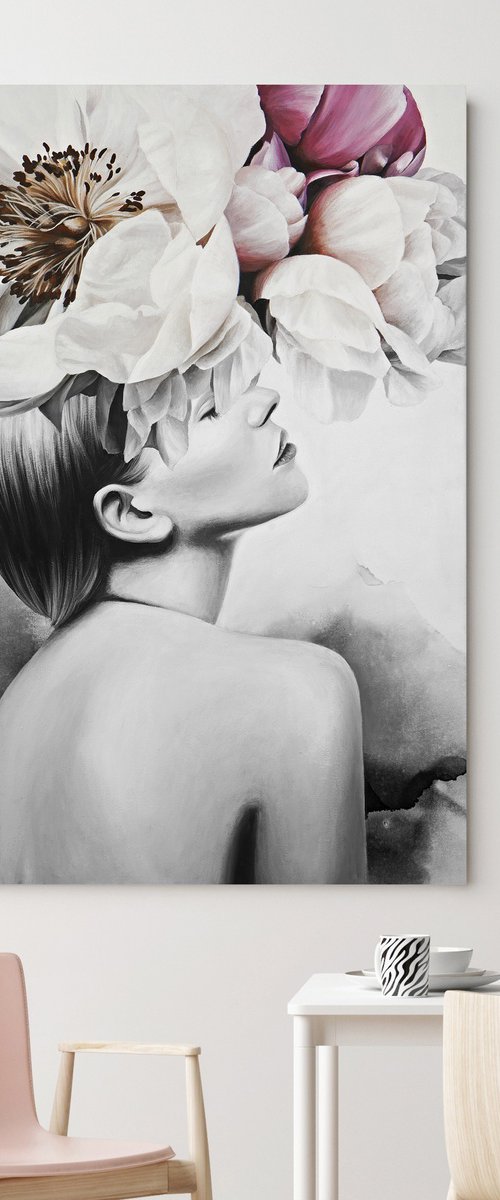 "Spring Impressions" Woman's face peony art by Olha