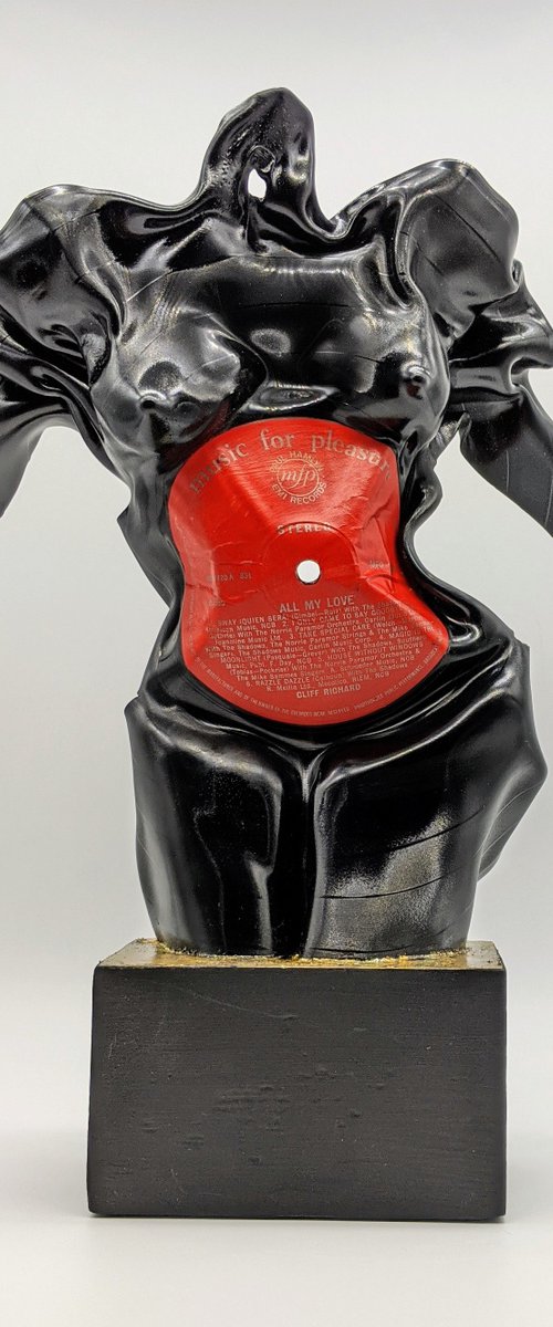 Gold Leaf and Vinyl Music Record, Figurative Female Nude Sculpture on Wood by Seona Mason