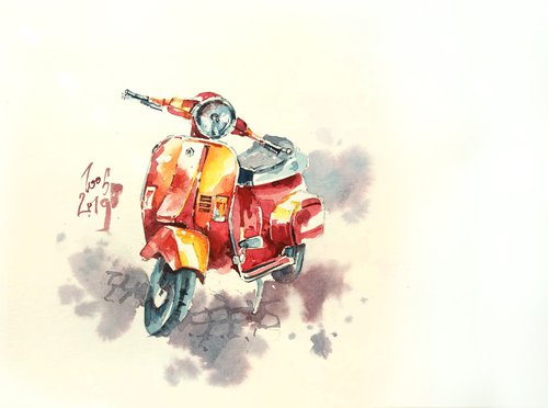 Watercolor sketch "Red moped" - series "Artist's Diary" by Ksenia Selianko