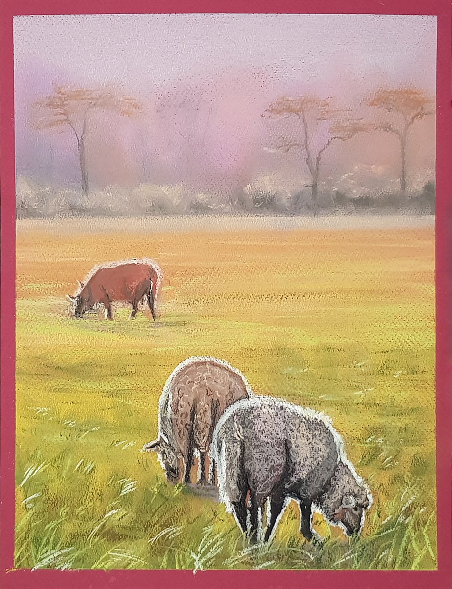 Impressionistic Landscape Pastel Drawing By Yulia Schuster, 10 X 13", Sheep Grazing, Original Artwork