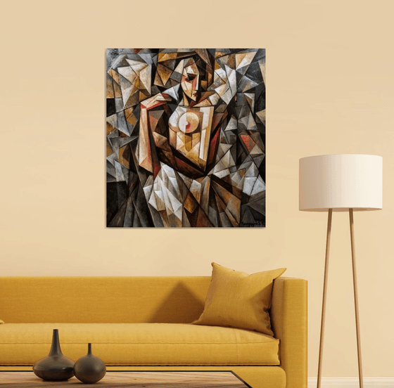 In front of the mirror (80x90cm, cubism, oil painting, ready to hang)