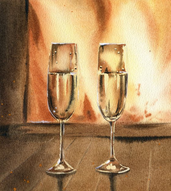 Cozy evening by the fireplace. Two glasses of champagne by the fireplace. Original watercolor artwork.
