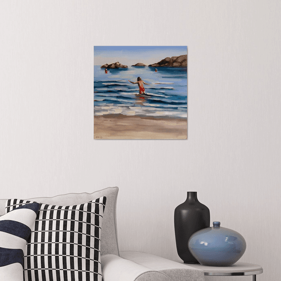 Swimming in Ocean Waves - Woman on California Beach Painting