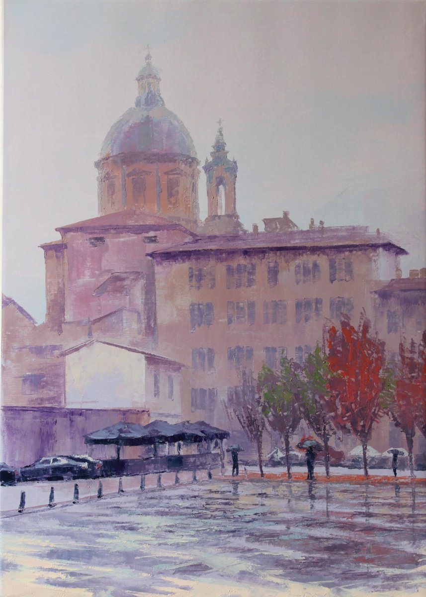Impressionistic Cityscapes Oil Painting By Revaz Tcheishvili, 26 X 33", Rain In Florence, Plein Air, Original Artwork
