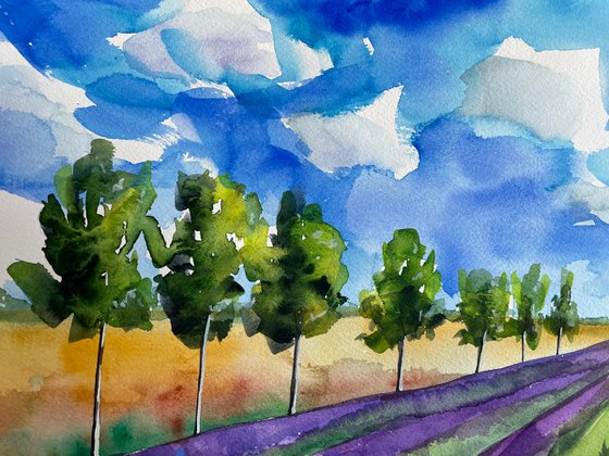 Lavender Original Watercolor Painting, Large Landscape Artwork, Purple Wall Art, France Picture