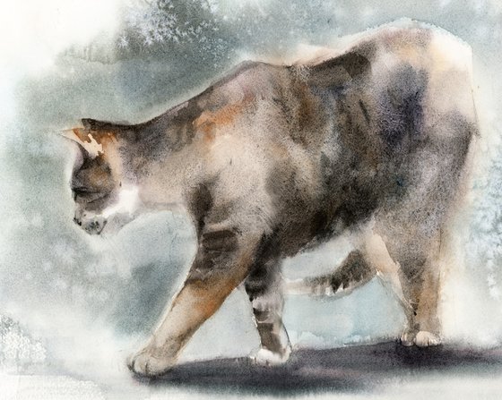 Walking Cat Watercolor Painting