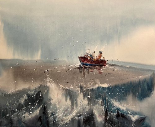 Watercolor "Old boat II” gift For Him by Iulia Carchelan