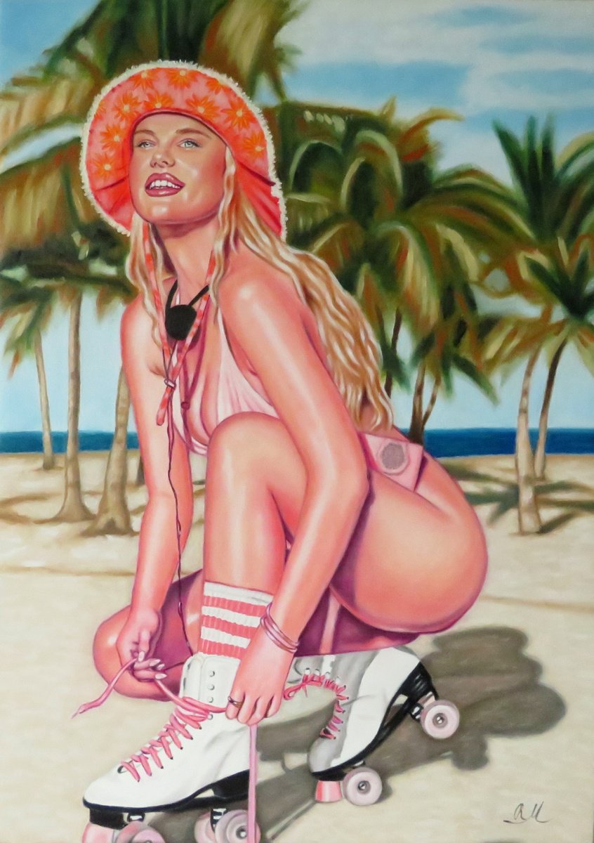 Photorealistic Portrait Oil Painting By Monika Rembowska, 20 X 28", "Skater On The Beach", Original Artwork