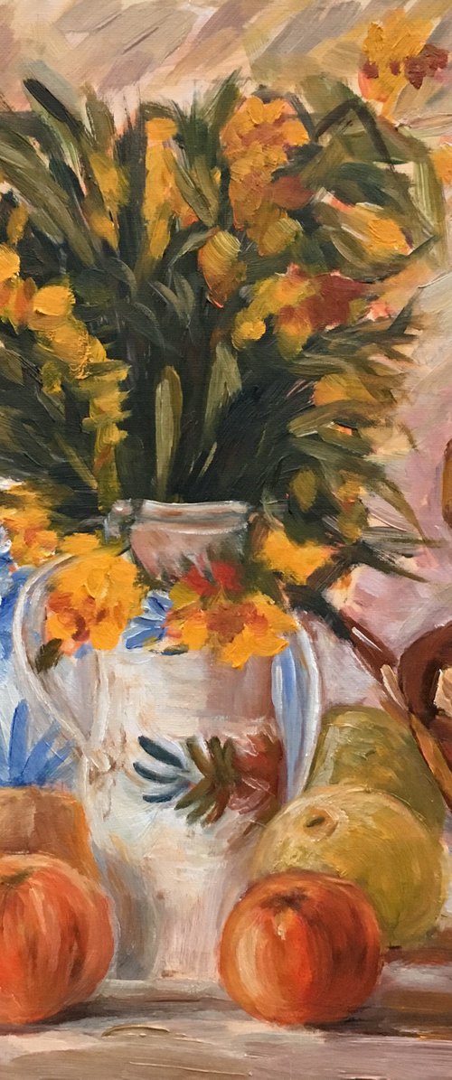 Vase with Flowers, Coffeepot and Fruit, inspired by van Gogh. by Elena Sokolova