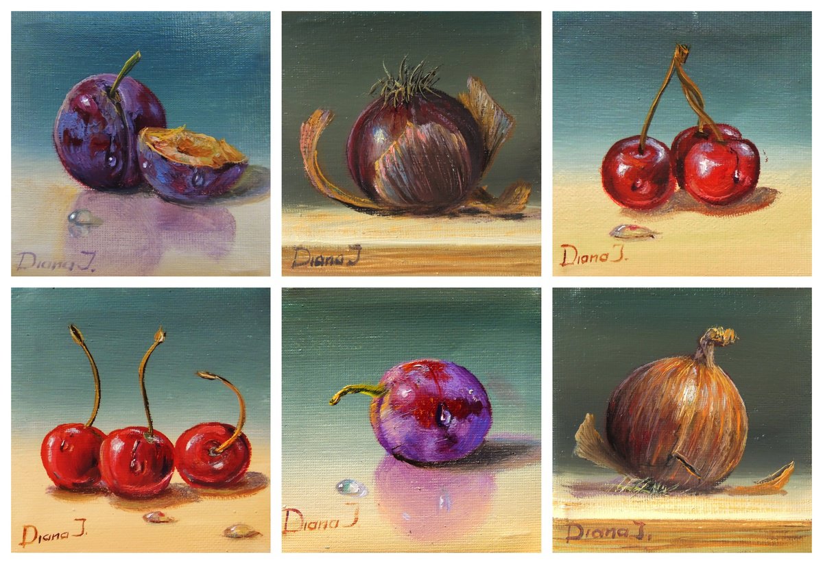 Photorealistic Still Life Oil Painting By Diana Janson, 12 X 12, Harvest Treasury - Hexaptych, Original Artwork