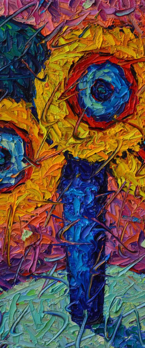 ABSTRACT SUNFLOWERS - modern impressionist impasto colorful vibrant textured contemporary floral art palette knife oil painting by ANA MARIA EDULESCU