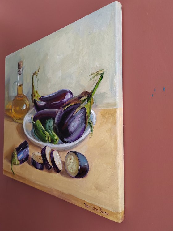 Blue Eggplant Vegetables in a Plate with olive oil still life painting