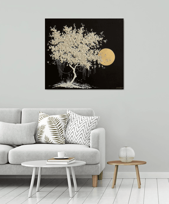 35.5” Blooming White Tree / Large Mixed Media Painting