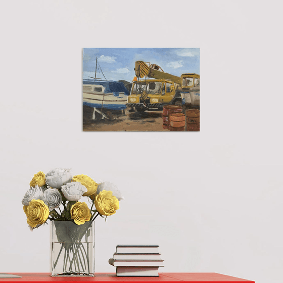 Boatyard crane, An original ‘plein air’ oil painting.