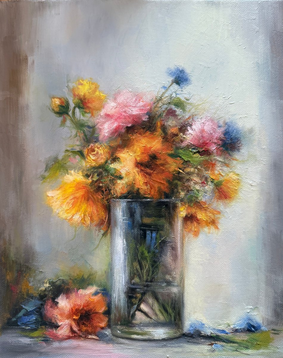 Abstract Botanical Oil Painting By Farzaneh Maddahi, 12 X 16, Golden Reverie, Original Artwork