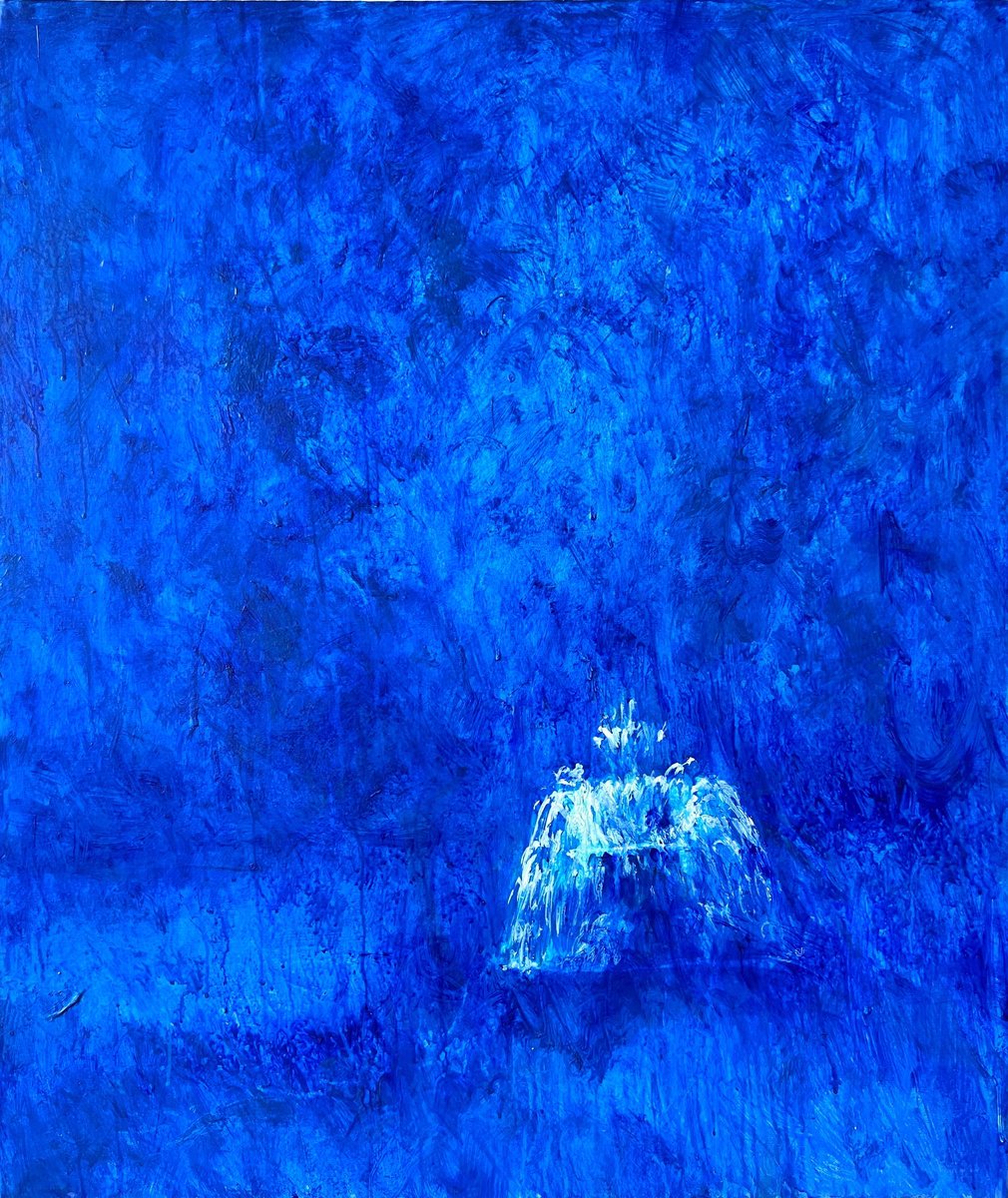 Abstract Landscape Oil Painting By Zakhar Shevchuk, 33 X 39", Blue Fountain, Original Artwork