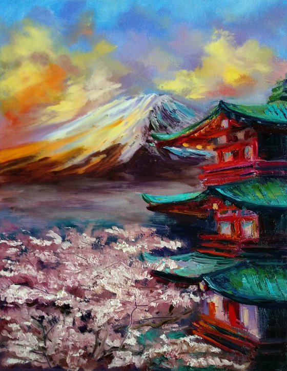 Sunset Landscape Mountains Sakura Blossom Blooming Cherry Trees Japanese Art