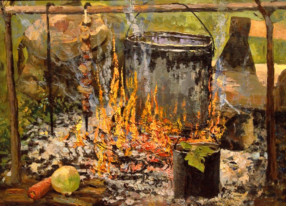 Fire cooking. Still life impressionism oil painting by Dmitry Revyakin