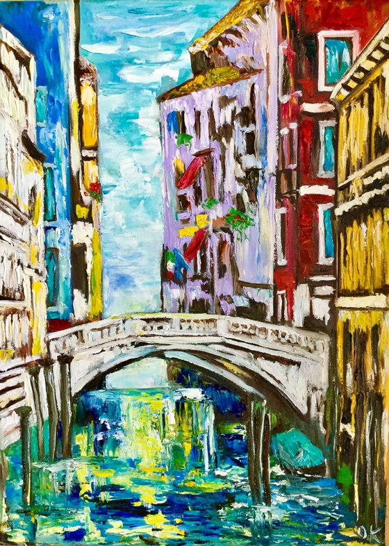 VENICE CANAL BRIDGE. PALETTE KNIFE OIL PAINTING. OFFICE URBAN WALL ART