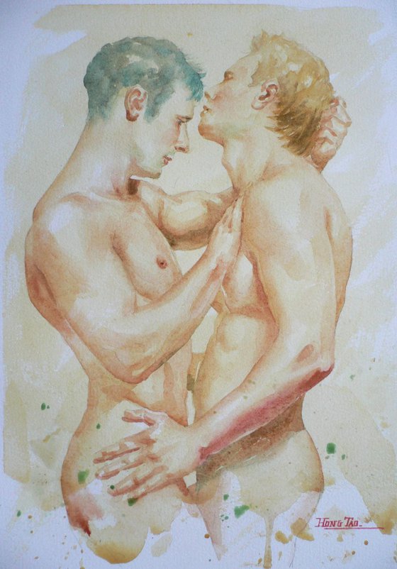 original watercolour painting  nude male gay on paper#16-9-26