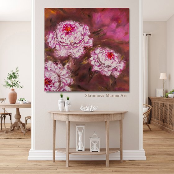 CURVY COUPLE - Set of 2 peony. Oil diptych of pale peonies on canvas. Two paintings with peonies. Double panel with peonies on the wall.