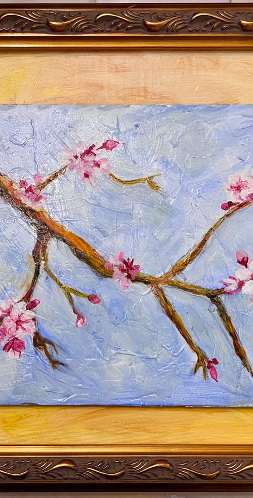 Awesome cherry blossoms original oil painting gorgeous gold frame by Mary Gullette