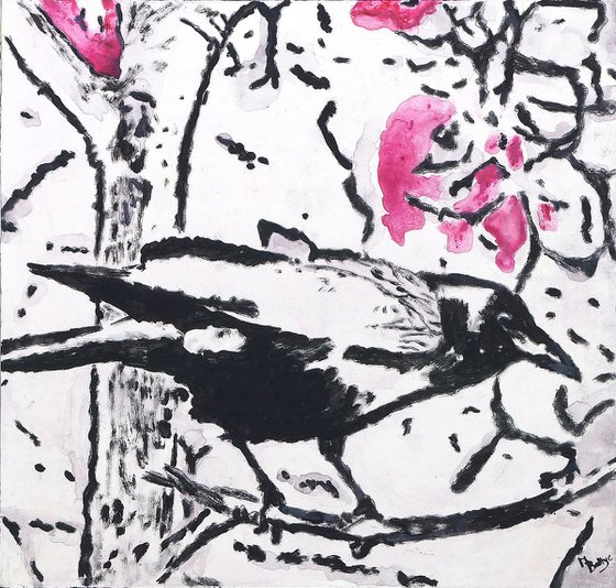 Crow And Magnolia - Framed Ready To Hang - Acrylic Painting