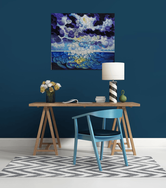 Full Moon (80x90cm, cubism, oil painting, ready to hang)