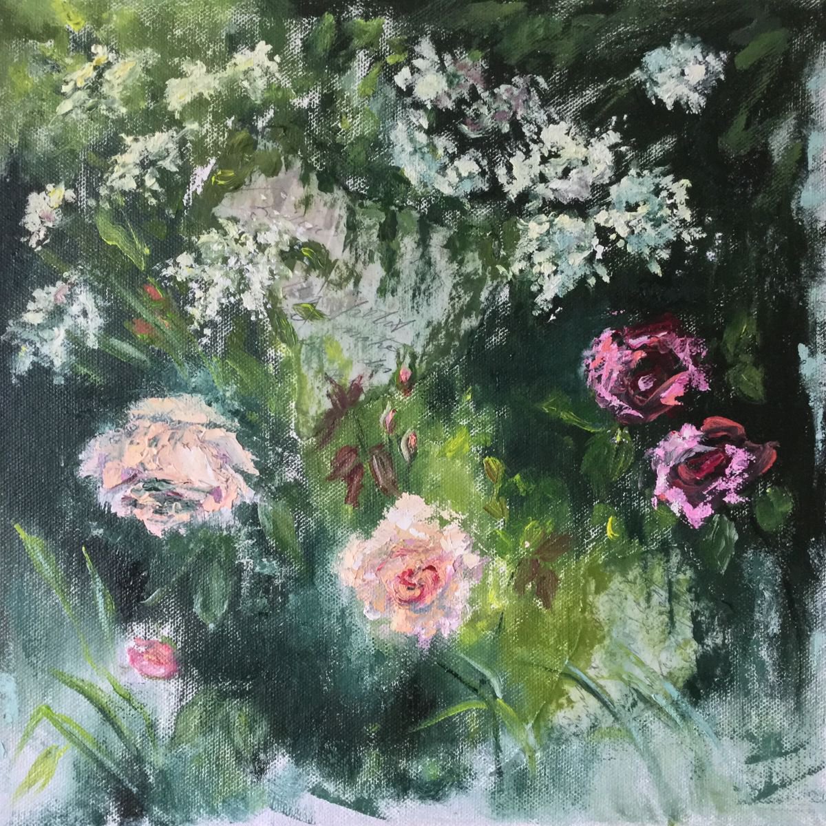 Impressionistic Botanical Oil Painting By Rebecca Pells, 12 X 12", Un Petit Mot (A Little Word), Original Artwork
