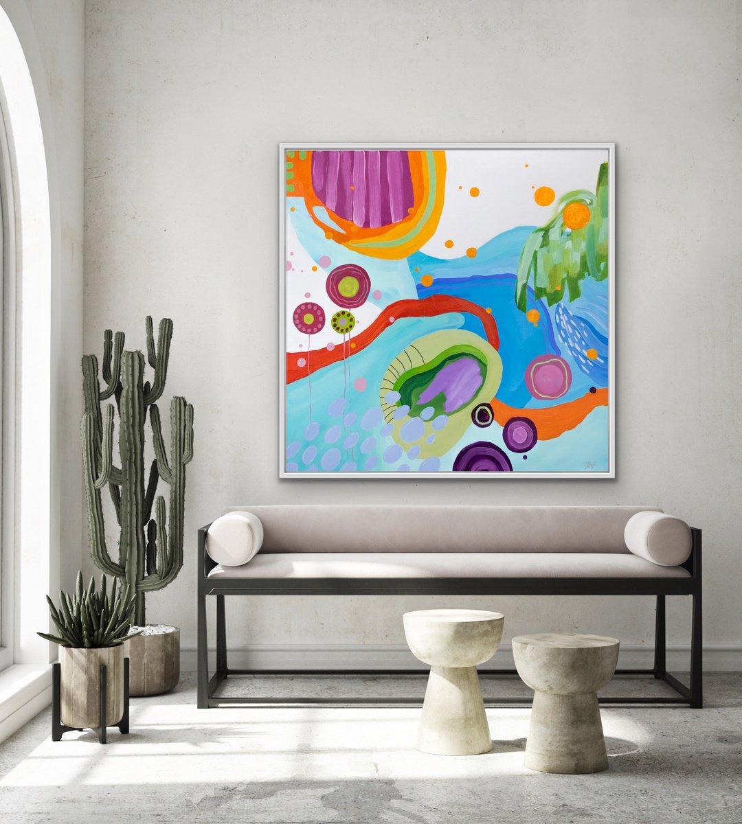 Organic Abstract Acrylic Painting By Chantal Proulx, 42 X 42, Sous Les Cocotiers, Original Artwork