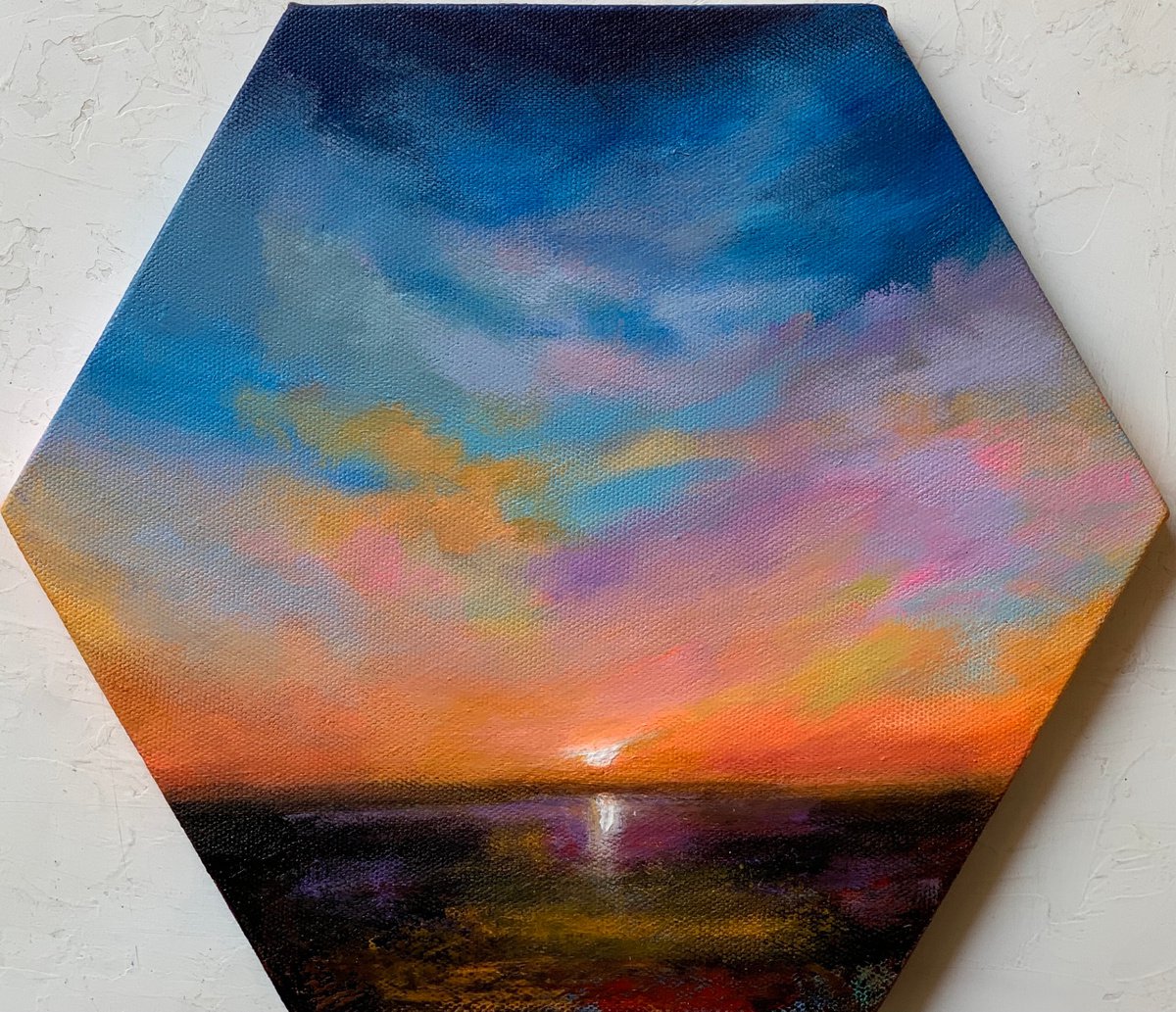 Sunset! Ready to hang! Painting on hexagon canvas by Amita Dand
