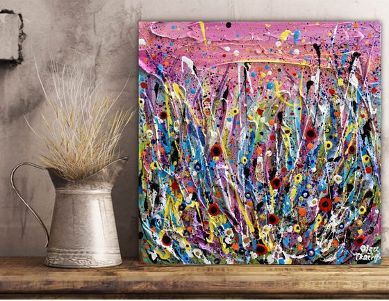 Pink Flowers Meadow - Abstract Floral Landscape, Textured Painting