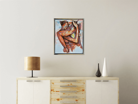 Lovers In The Wall - Original Modern Painting Art on Canvas with Floating Frame Ready To Hang