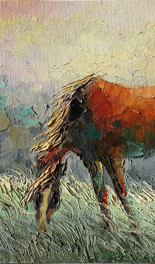 Painting Morning walk -  original oil artwork, girl and horse by Anastasia Kozorez
