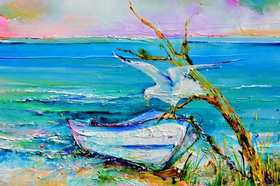 Boat and Seagulls on Seashore