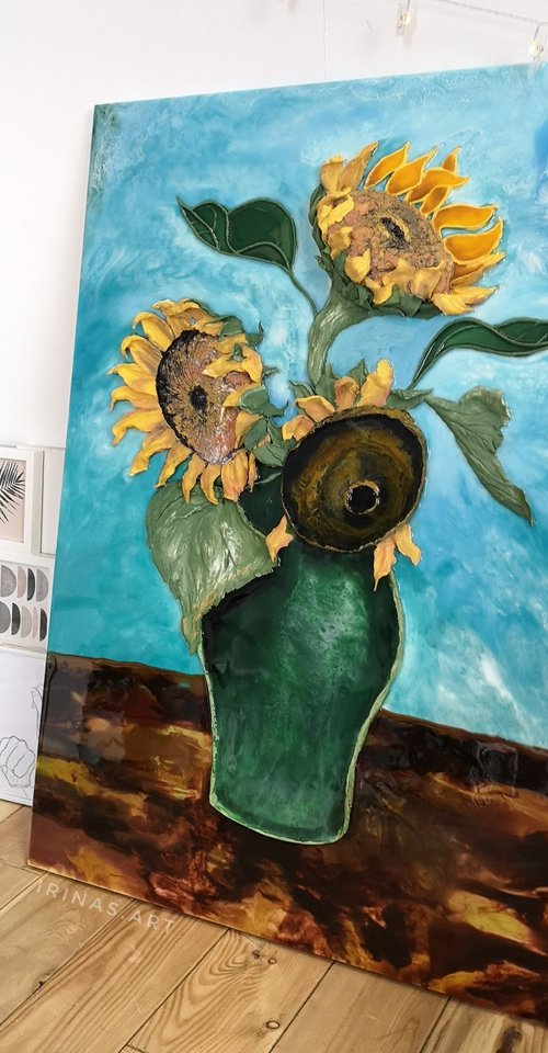 Yellow sunflowers in a vase - bright flowers in a large luxurious painting, turned from a Van Gogh bouquet in vase painting into a bas-relief epoxy art, 70x100x8 cm. by Irina Stepanova