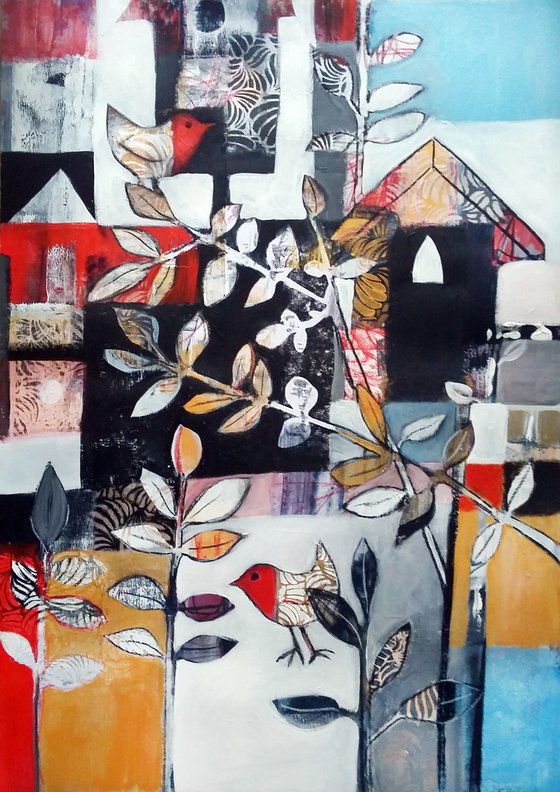 Bird boxes (robins mixed media painting)