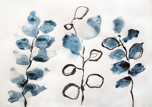 The eucalyptus branches - minimalistic sketch, watercolor and ink by Delnara El