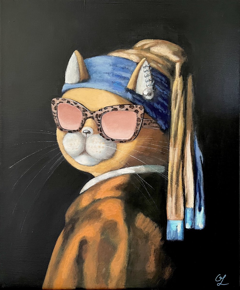 Surrealistic Animal Acrylic Painting By Olesya Izmaylova, 15 X 18", Cat With A Pearl Earring, Original Artwork