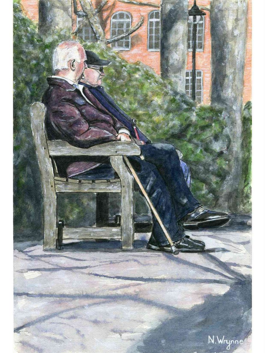 Original Watercolour Painting - Old Friends - Men sitting chatting park Art by Neil Wrynne