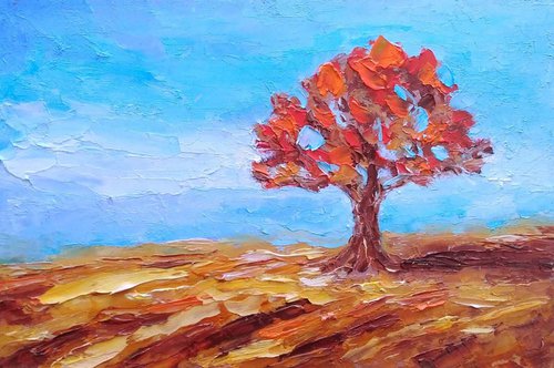 "The one 2" Oak Tree Painting Tree of Life Original Art Minimalism Landscape Artwork Small Oil Wall by Yulia Berseneva