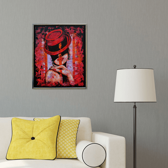 In The Shade - Original Modern Painting Art on Canvas with Floating Frame Ready To Hang