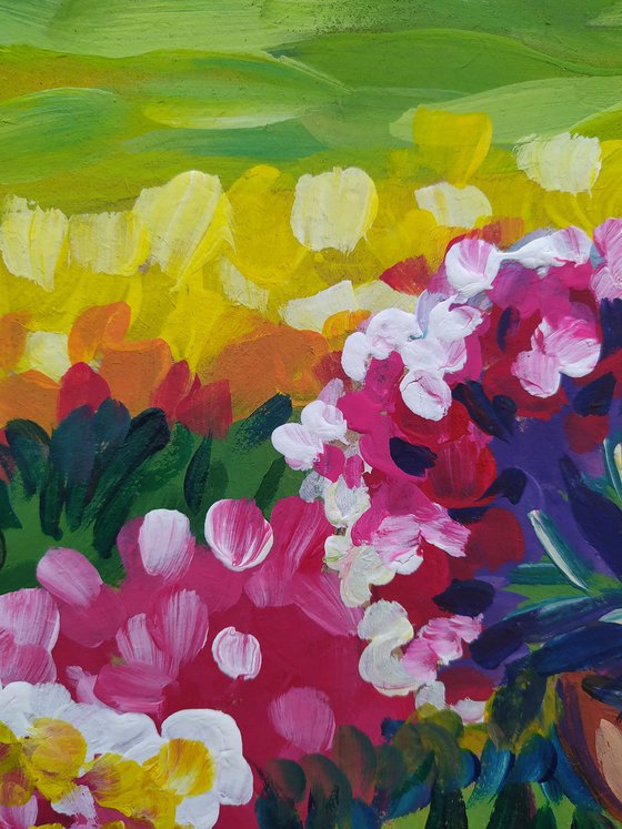In flowers - acrylic painting, tulips, girl, woman, flowers, tulips field, relaxation, woman