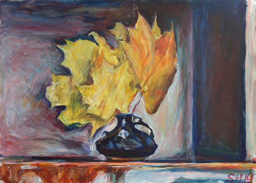 Black vase with autumn leaves by Alexander Shvyrkov